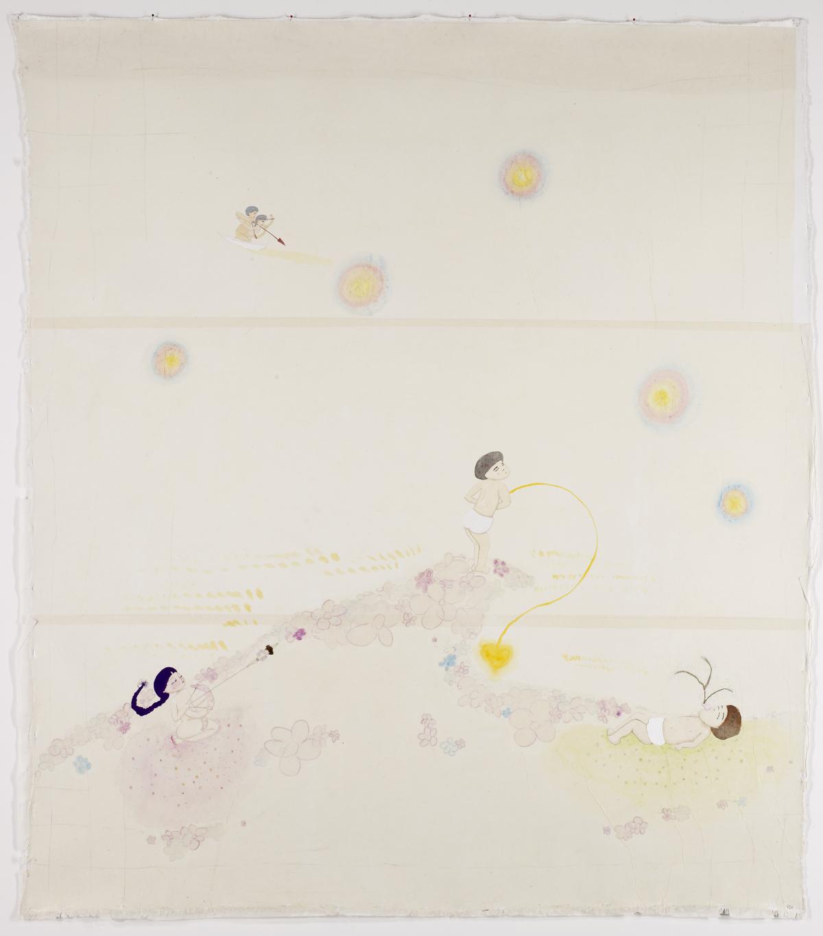Artwork by Kyung Jeon titled Arrow Shots, 2004, Gouache, watercolor, graphite, colored pencils, ink on rice paper on canvas, 60 x 53 inches, 52.4 x 134.6 cm