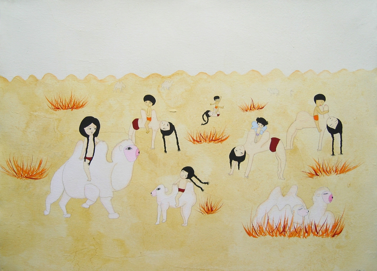Artwork by Kyung Jeon titled Camel Humps, 2005, Gouache, watercolor, graphite on rice paper on canvas, 20 x 27.5 inches, 50.8 x 69.9 cm