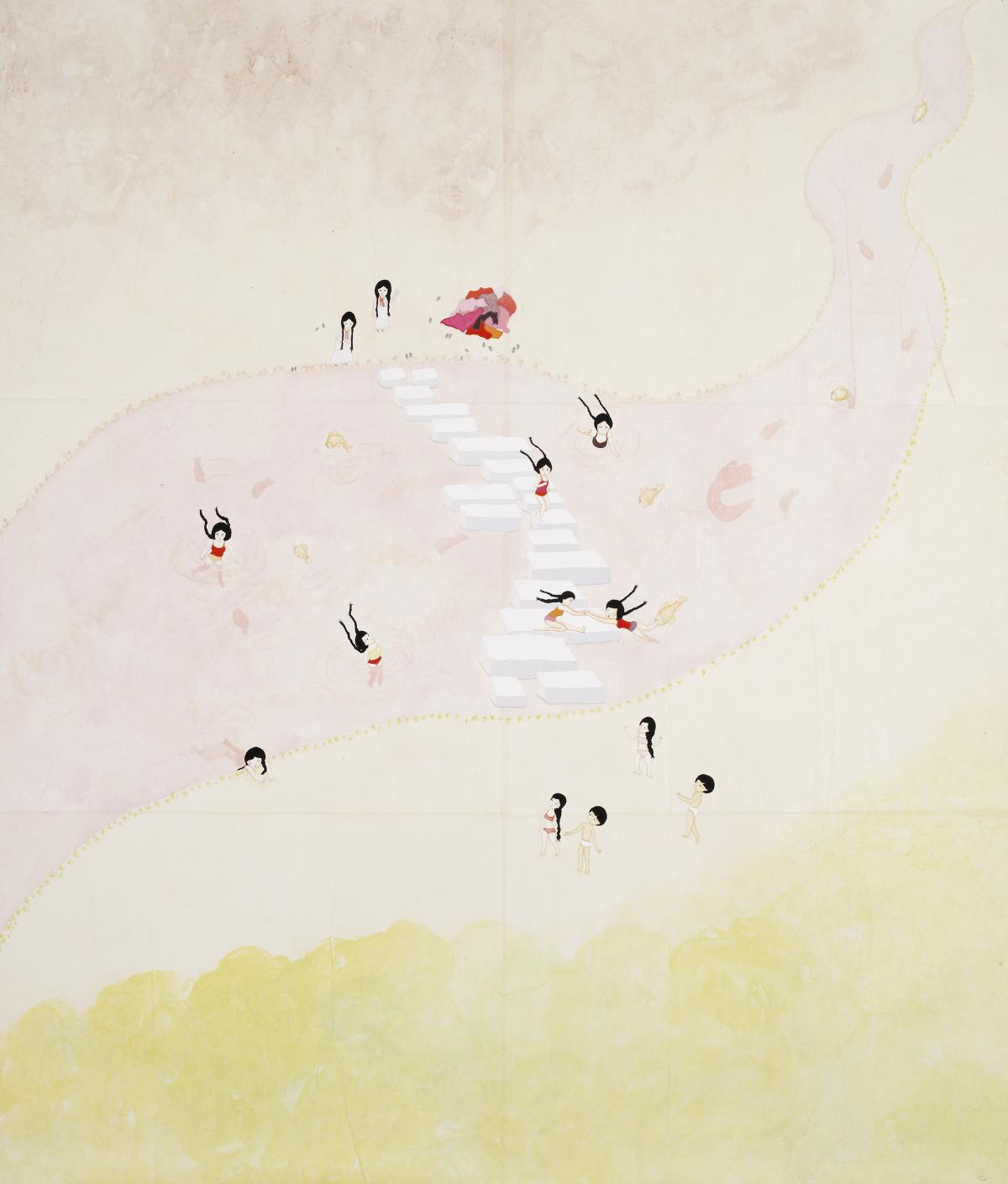 Artwork by Kyung Jeon titled Crossing, 2005, Gouache, graphite, watercolor, acrylic ink on rice paper on canvas, 70 x 59.5 inches, 177.8 x 151.1 cm