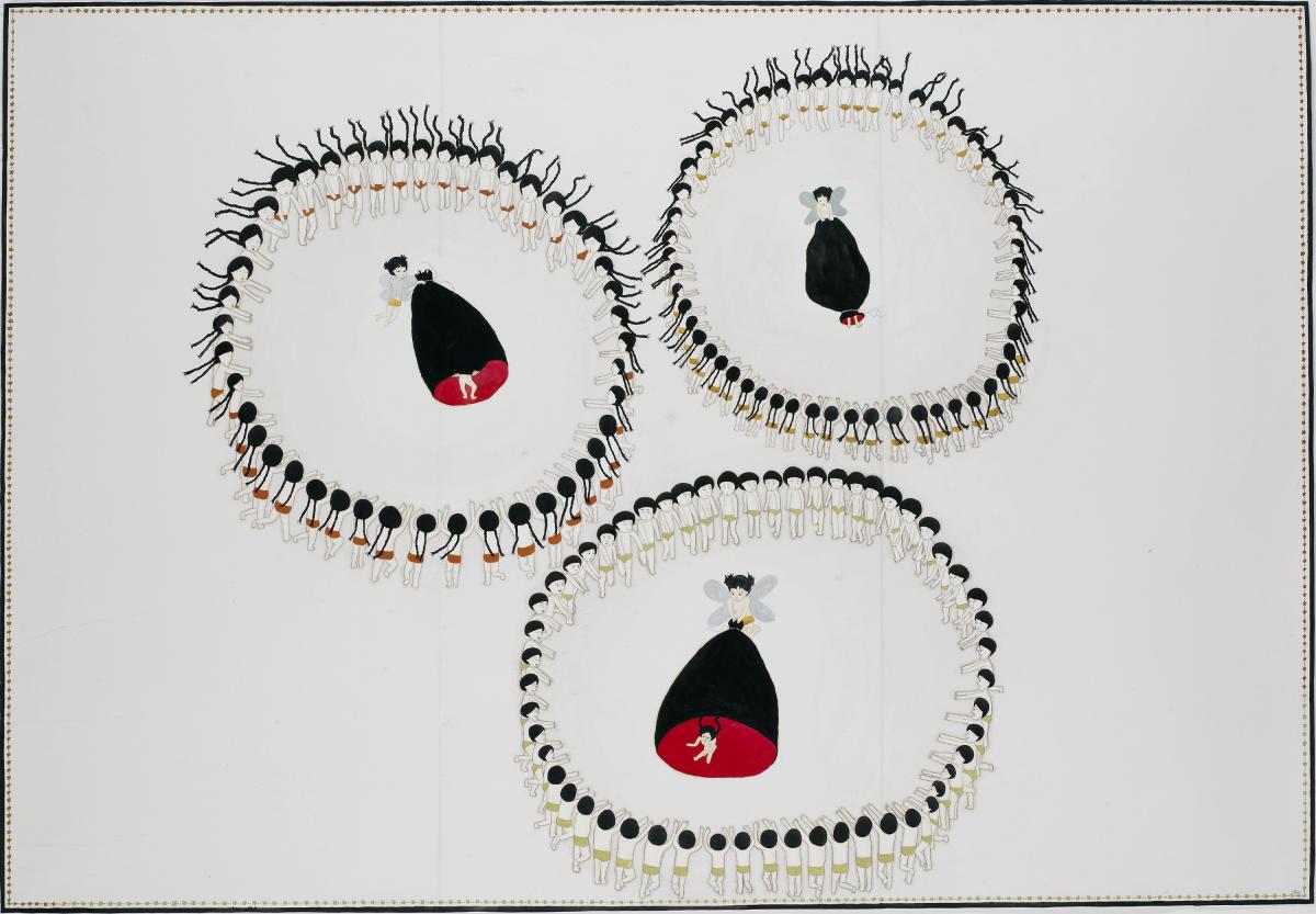 Artwork by Kyung Jeon titled Death Circle, 2005, graphite, gouache, watercolor, acrylic ink on rice paper on canvas, 48.5 x 70 inches, 123.2 x 177.8 cm