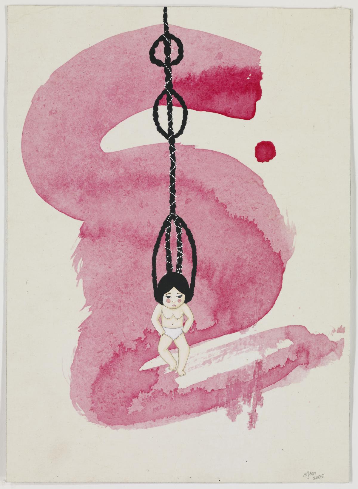 Artwork by Kyung Jeon titled Hair Chandelier, 2005, Graphite, gouache, acrylic ink on rice paper on linen, 13 x 9.5 inches, 33 x 24.1 cm