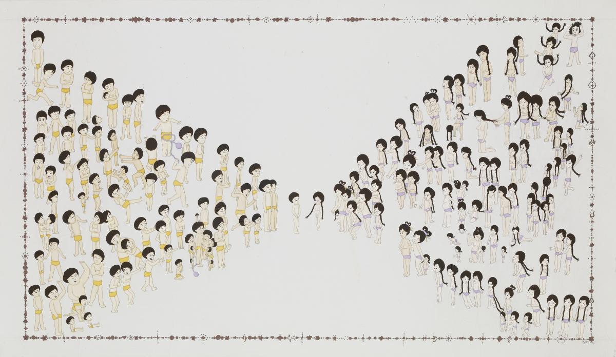 Artwork by Kyung Jeon titled On Marriage, 2005, Graphite, gouache on rice paper on canvas, 27 x 46.5 inches, 68.6 x 118.1 cm