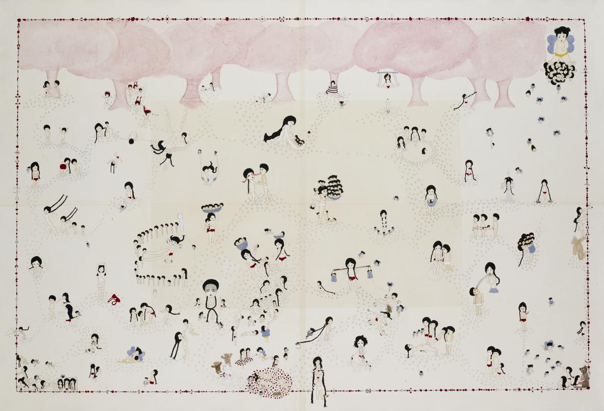 Artwork by Kyung Jeon titled Overload, 2005, Graphite, gouache, watercolor on rice paper on canvas, 46.75 x 69.25 inches, 118.7 x 175.9 cm