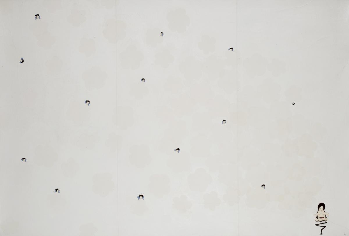 Artwork by Kyung Jeon titled Waiting and Ready, 2005, Graphite, gouache, acrylic ink on rice paper on canvas, 47 x 69.5 inches, 119.4 x 176.5 cm