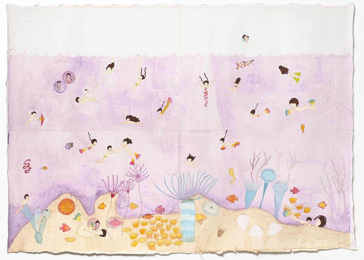 Artwork by Kyung Jeon titled Underwater, 2006, Gouache, graphite, watercolor, acrylic ink on rice paper on canvas