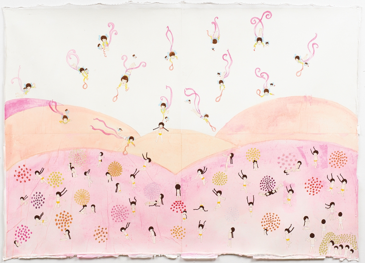 Artwork by Kyung Jeon titled Attack on Rolling Hill, 2006, Gouache, graphite, watercolor on rice paper on canvas, 51.5 x 71 inches, 130.8 x 180.3 cm