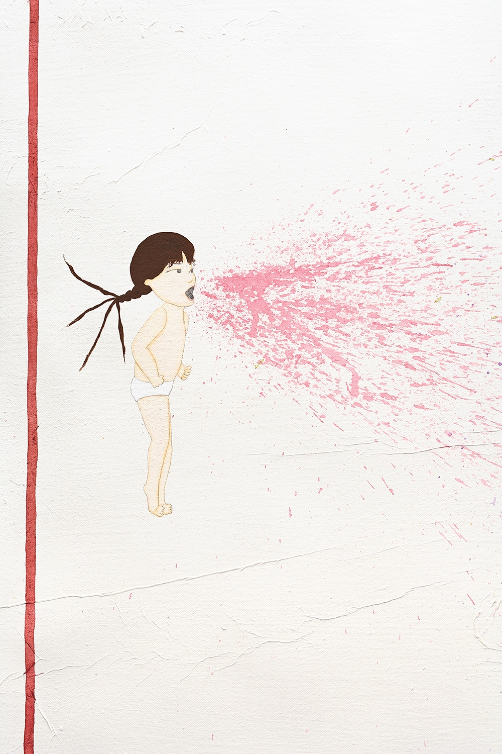 Detail of artwork by Kyung Jeon titled Red Death Fairies, 2006, Gouache, graphite, watercolor on rice paper on canvas, 35.25 x 53.25 inches, 89.5 x 135.3 cm