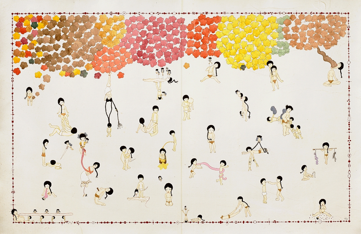 Artwork by Kyung Jeon titled Autumn, 2006, Gouache, graphite, watercolor on rice paper on canvas, 34.75 x 53.75 inches, 88.3 x 136.5 cm