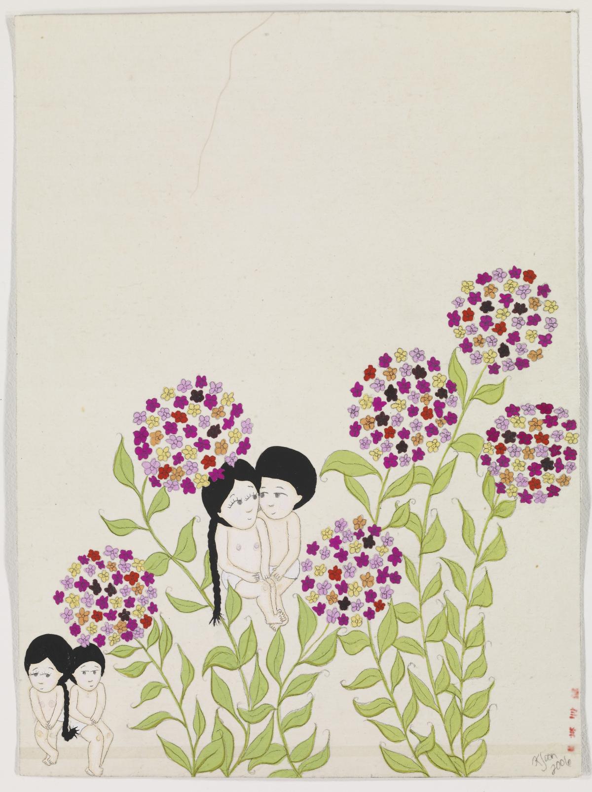 Artwork by Kyung Jeon titled Flirting, 2006, Gouache, graphite on rice paper on linen, 13 x 9.5 inches, 33 x 24.1 cm