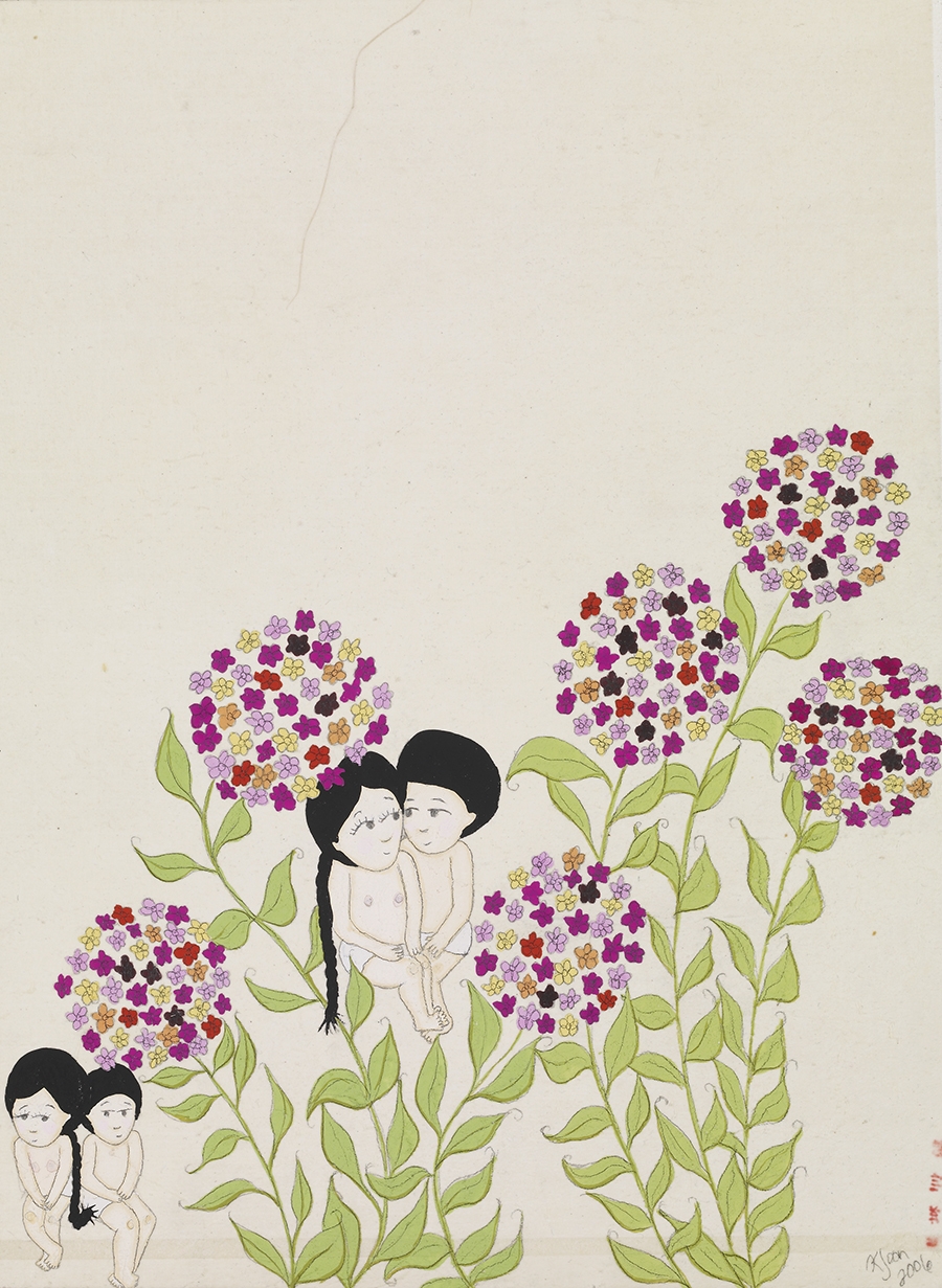 Artwork by Kyung Jeon titled Flirting, 2006, Gouache, graphite on rice paper on linen, 13 x 9.5 inches, 33 x 24.1 cm