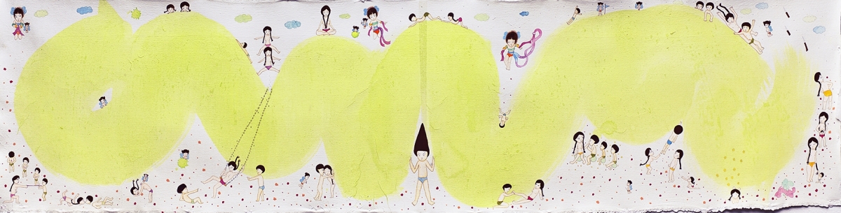 Artwork by Kyung Jeon titled High and Low, 2006, Gouache, graphite, watercolor, acrylic ink on rice paper on canvas, 19 x 70.75 inches, 48.3 x 179.7 cm