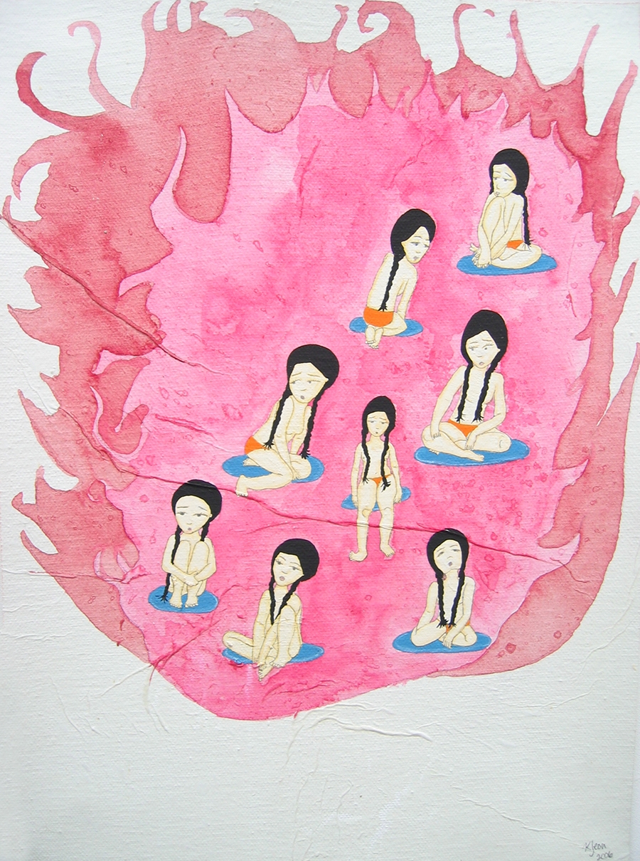 Artwork by Kyung Jeon titled In the Fire, 2006, Gouache, graphite, watercolor on rice paper on canvas, 13 x 9.5 inches, 33 x 24.1 cm