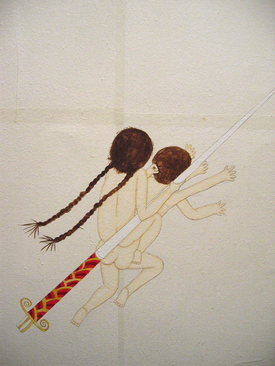 Detail of artwork by Kyung Jeon titled Joust Fight, 2006, Gouache, graphite, watercolor on rice paper on canvas, 69 x 61.25 inches, 175.3 x 155.6 cm