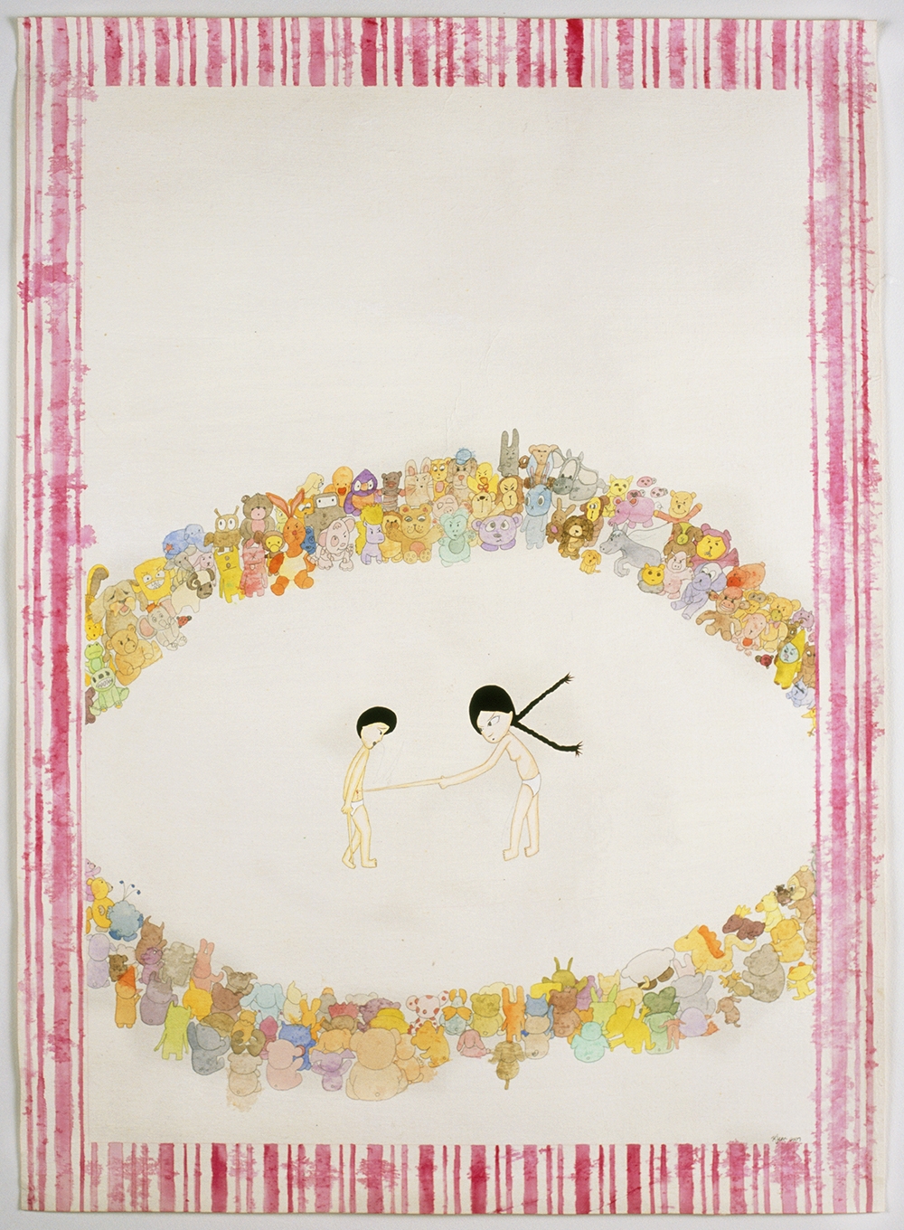 Artwork by Kyung Jeon titled One Fingered Duel, 2007, Gouache, graphite, watercolor on rice paper on canvas, 34.75 x 25.25 inches, 88.3 x 64.1 cm
