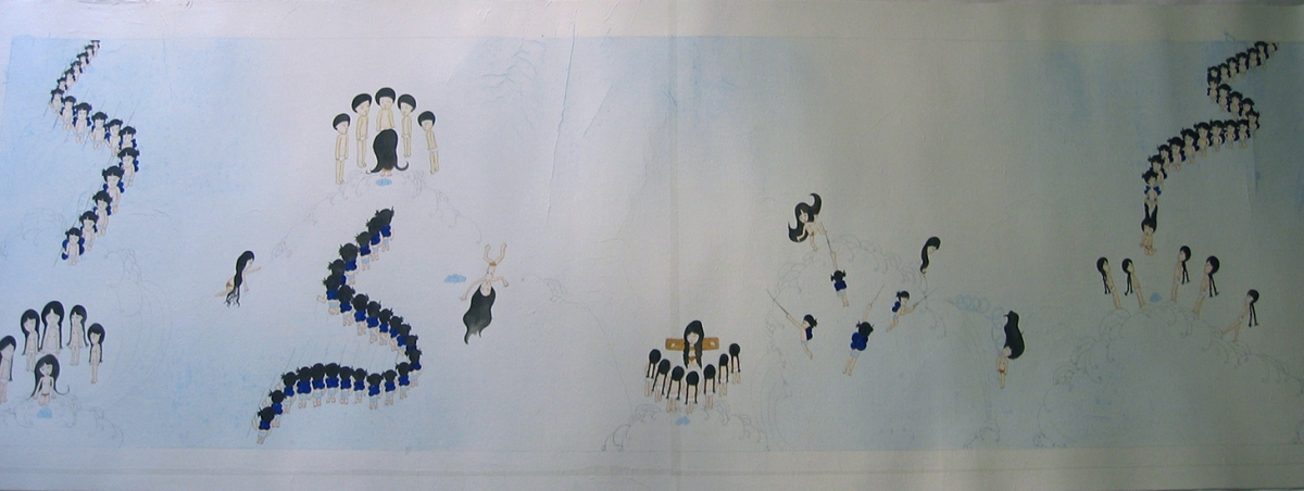 Artwork by Kyung Jeon titled The Accusation, 2007, Gouache, graphite, watercolor, acrylic ink on rice paper on canvas, 23.875 x 69.5 inches, 60.6 x 176.5 cm