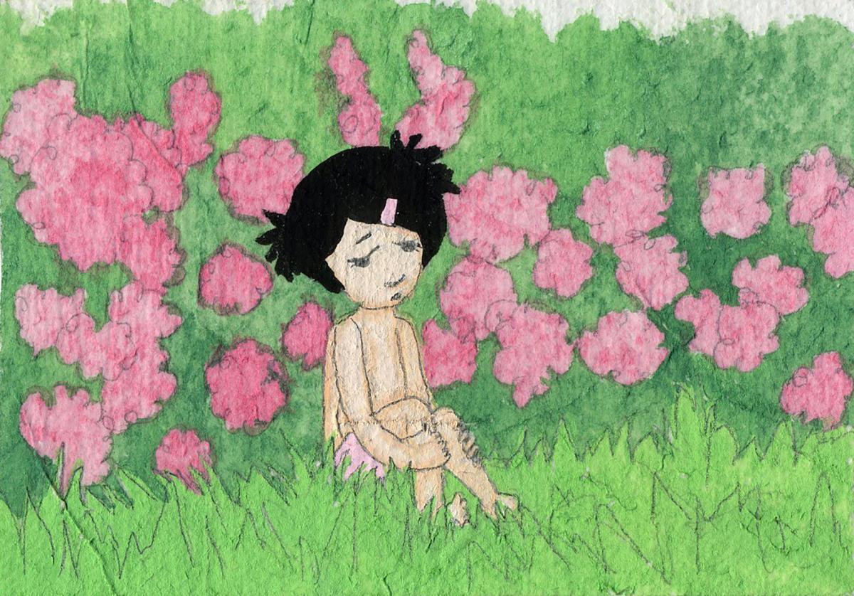 Artwork by Kyung Jeon titled Photo Album: Girl with Pink Barrette - Bushes, 2008, Gouache, graphite, watercolor on rice paper on canvas, 3 x 4.25 inches, 7.6 x 10.8 cm