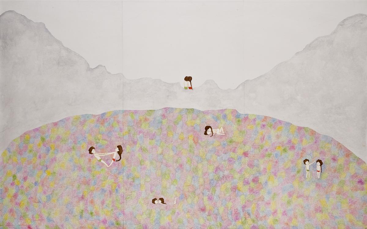Artwork by Kyung Jeon titled Chapter 1-They Share one Heart, 2008, Gouache, graphite, watercolor on rice paper on canvas, 43.75 x 69.75 inches, 111.1 x 177.2 cm