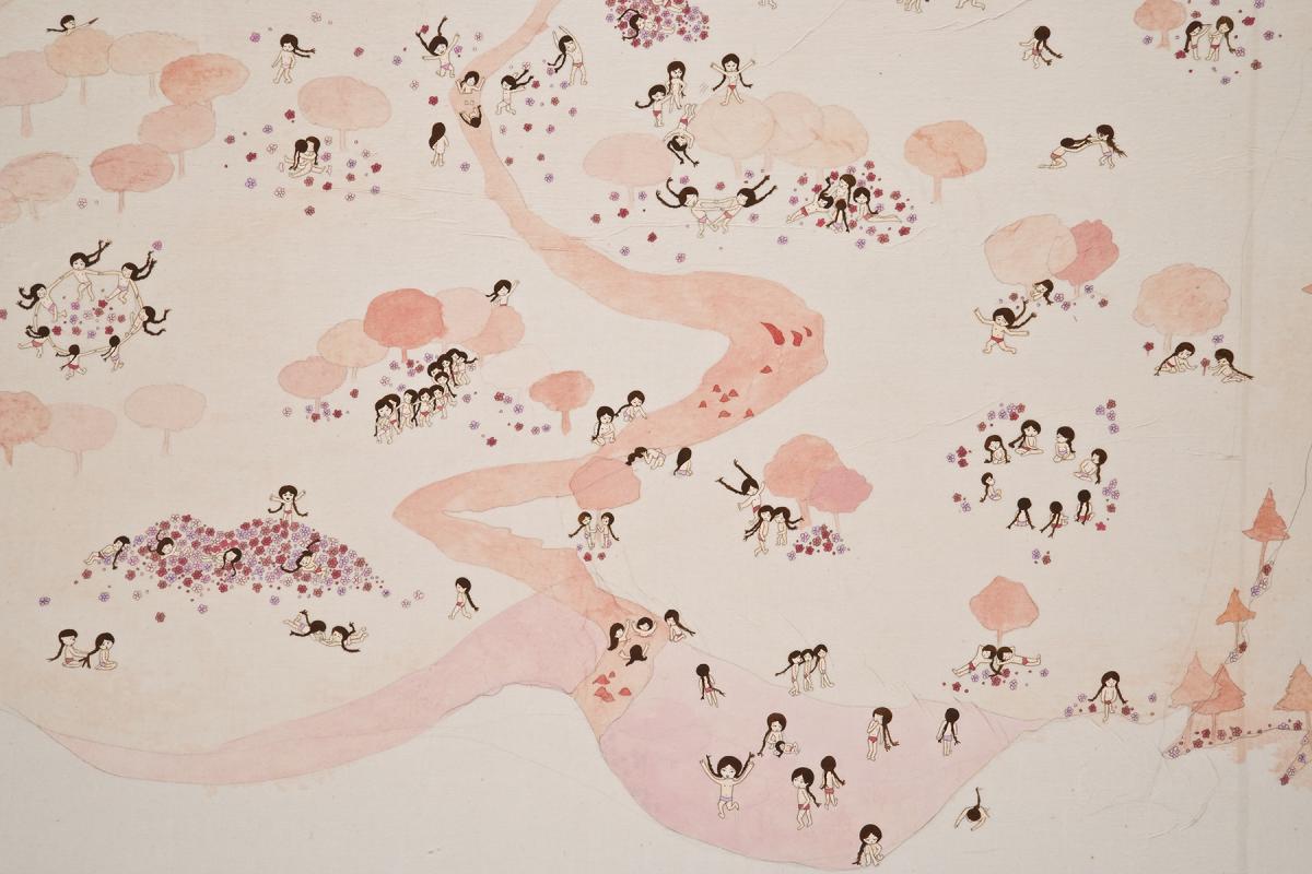 Detail of artwork by Kyung Jeon titled Chapter 13-Though Darkness Separates Them There Is Hope, 2008, Gouache, graphite, watercolor on rice paper on canvas, 43.75 x 69.75 inches, 111.1 x 177.2 cm