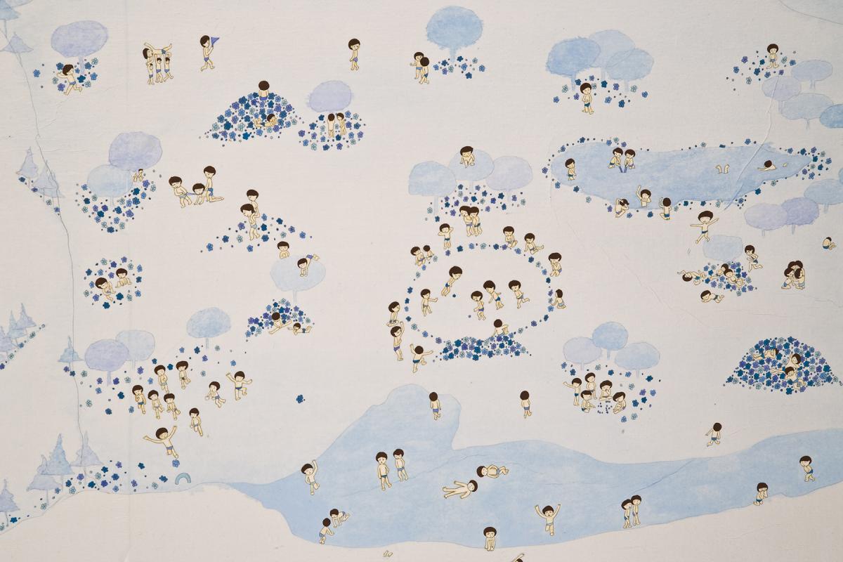 Detail of artwork by Kyung Jeon titled Chapter 13-Though Darkness Separates Them There Is Hope, 2008, Gouache, graphite, watercolor on rice paper on canvas, 43.75 x 69.75 inches, 111.1 x 177.2 cm