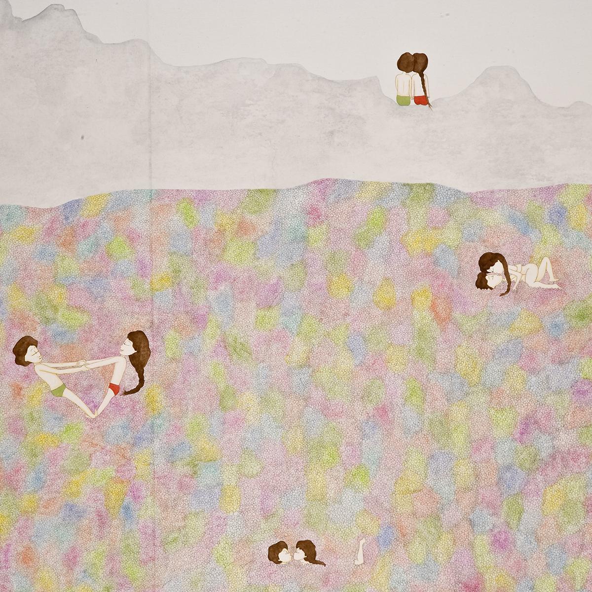 Detail of artwork by Kyung Jeon titled Chapter 1-They Share one Heart, 2008, Gouache, graphite, watercolor on rice paper on canvas, 43.75 x 69.75 inches, 111.1 x 177.2 cm