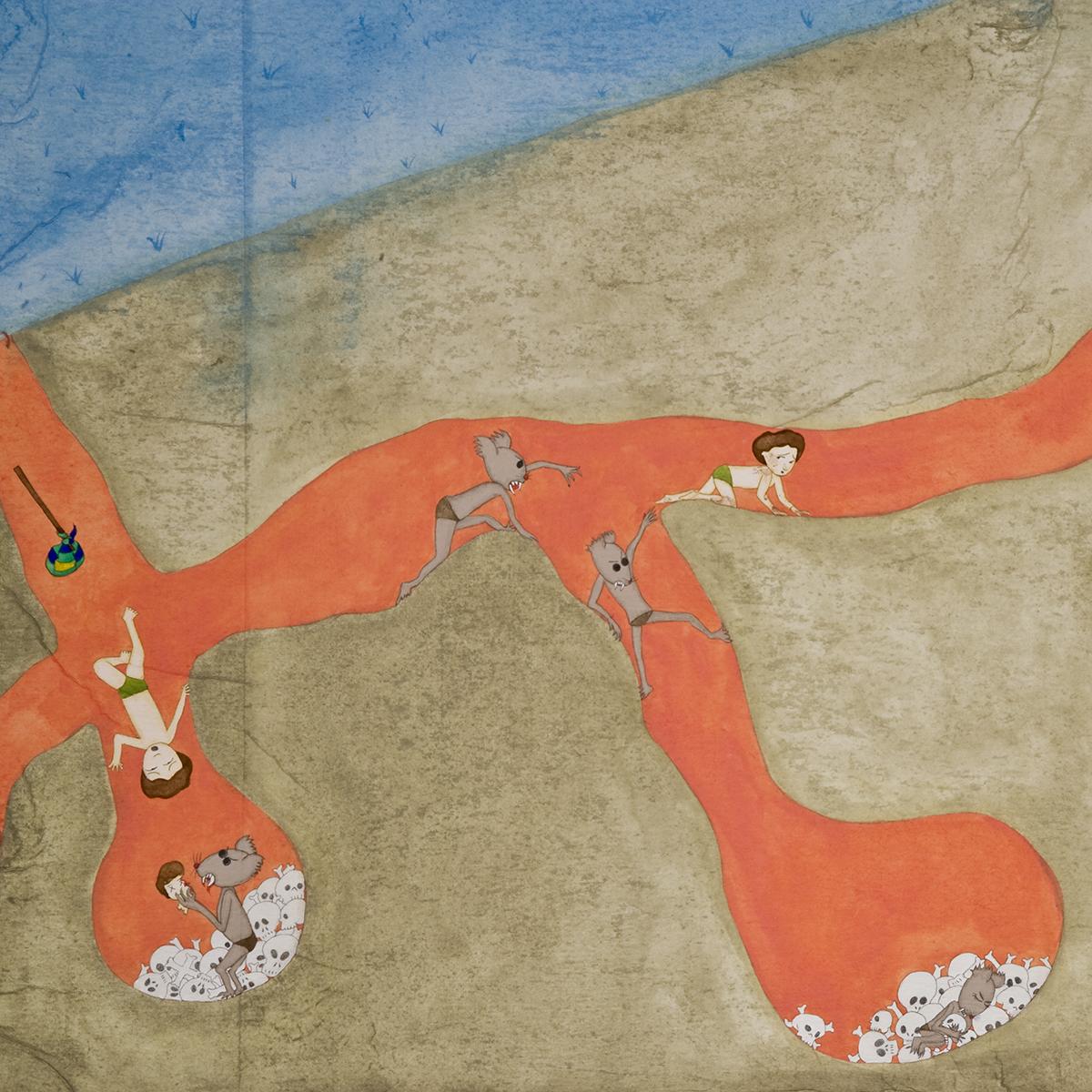 Detail of artwork by Kyung Jeon titled Chapter 2-The Boy and Girl in a Land of Ignorance, 2008, Gouache, graphite, watercolor on rice paper on canvas, 43.75 x 69.75 inches, 111.1 x 177.2 cm