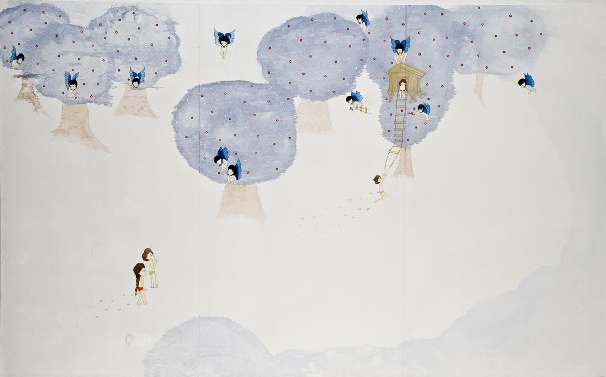 Artwork by Kyung Jeon titled Chapter 3-For the girl, a gift and a duty, 2008, Gouache, graphite, watercolor on rice paper on canvas, 43.75 x 69.75 inches, 111.1 x 177.2 cm