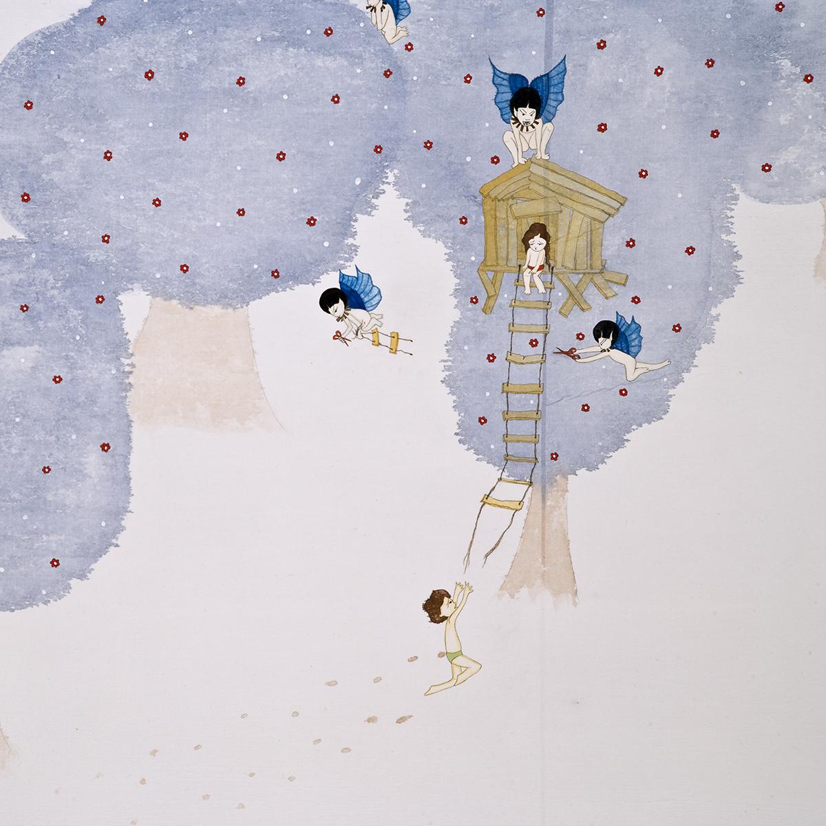 Detail of artwork by Kyung Jeon titled Chapter 3-For the girl, a gift and a duty, 2008, Gouache, graphite, watercolor on rice paper on canvas, 43.75 x 69.75 inches, 111.1 x 177.2 cm