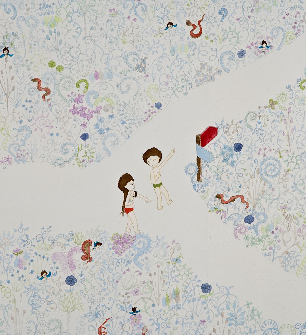 Detail of artwork by Kyung Jeon titled Chapter 5-The intersection of today and tomorrow, 2008, Gouache, graphite, watercolor on rice paper on canvas, 43.75 x 34.75 inches, 111.1 x 88.3 cm