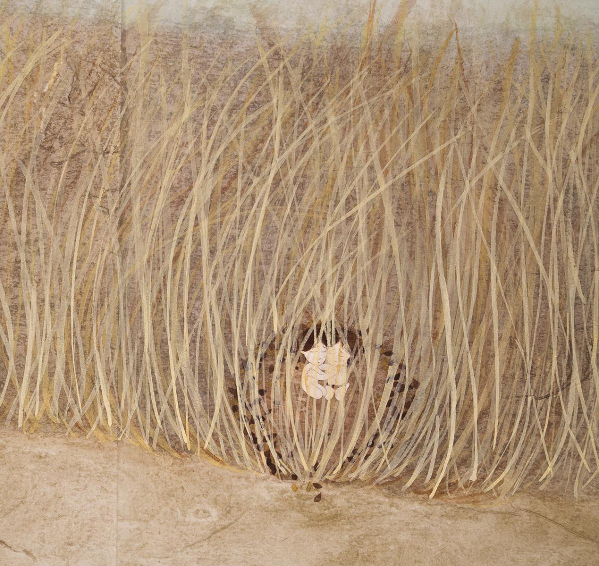 Detail of artwork by Kyung Jeon titled Chapter 9-Curtains of Long Grass Hide Nightmares and Tragic Secrets, 2008, Gouache, graphite, watercolor on rice paper on canvas, 43.75 x 69.75 inches, 111.1 x 177.2 cm
