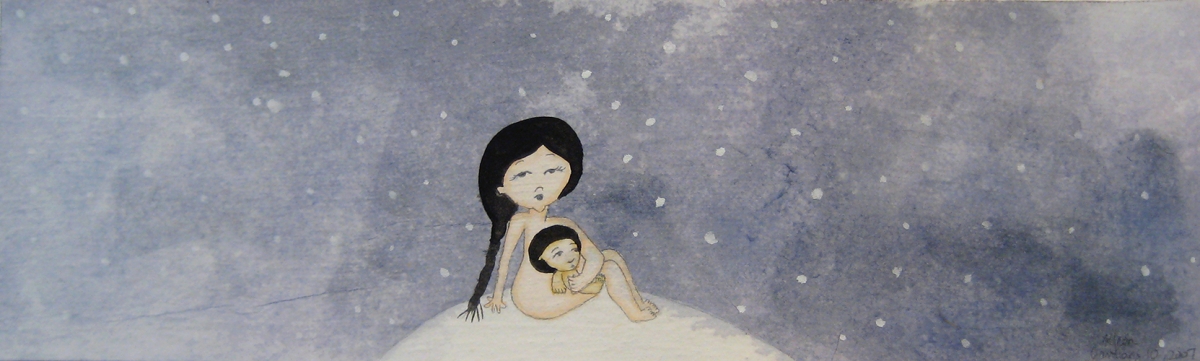 Artwork by Kyung Jeon title Little Treasures - Under the Stars 2008, Gouache, graphite, watercolor on rice paper on canvas, 3.75 x 12 inches, 9.5 x 30.5 cm