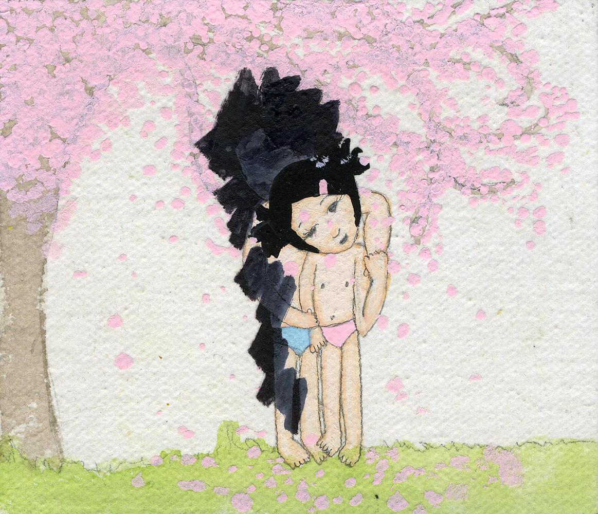 Artwork by Kyung Jeon titled Photo Album: Girl with Pink Barrette - Markered Him Out, 2008, Marker, gouache, graphite, watercolor on rice paper on canvas, 3.5 x 4 inches, 8.9 x 10.2 cm