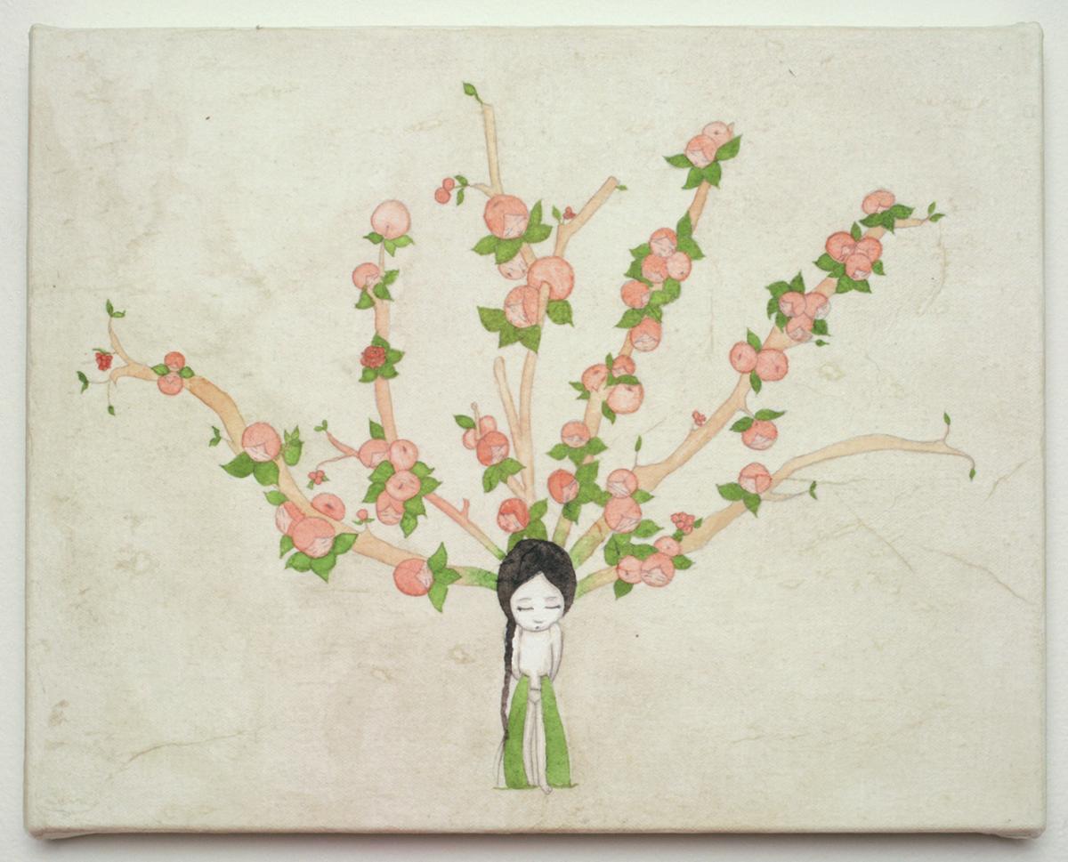 Artwork by Kyung Jeon titled Branching Through Belly, Watercolor and pencil on rice paper/canvas/panel, 11 x 14 inches, 27.9 x 35.6 cm