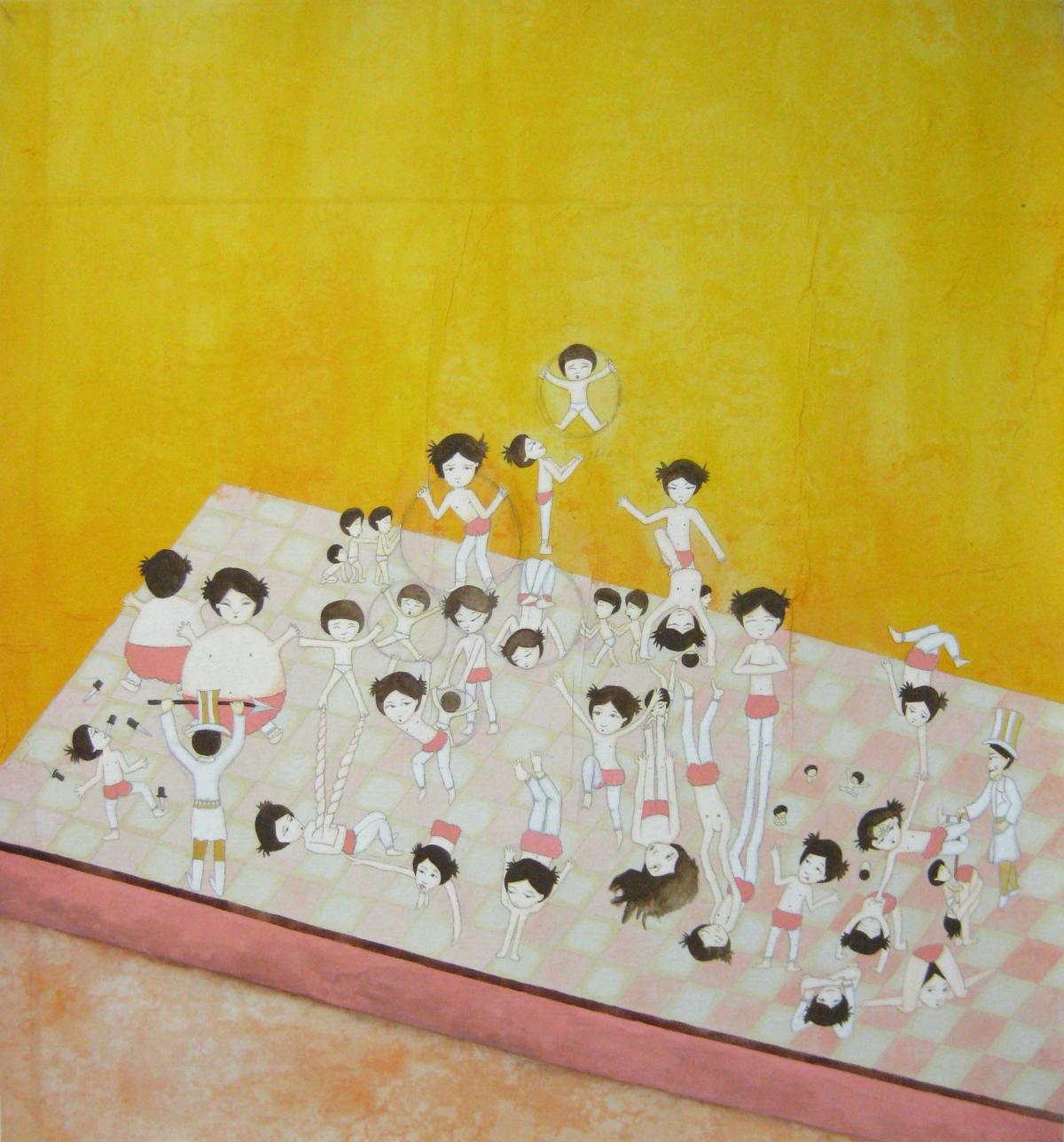Artwork by Kyung Jeon titled Karnival Acrobats, 2009, Gouache, watercolor, graphite on rice paper on canvas, 31.75 x 29.375 inches, 80.6 x 74.6 cm