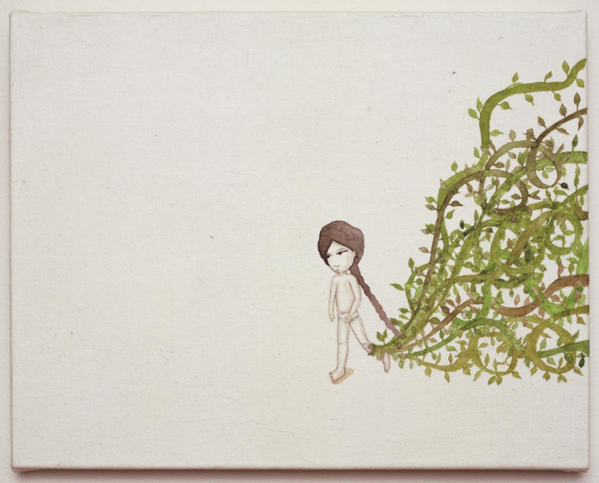 Artwork by Kyung Jeon titled Tangled In Vines, 2009, Watercolor and pencil on rice paper/canvas/panel, 14 x 11 inches, 35.6 x 27.9 cm