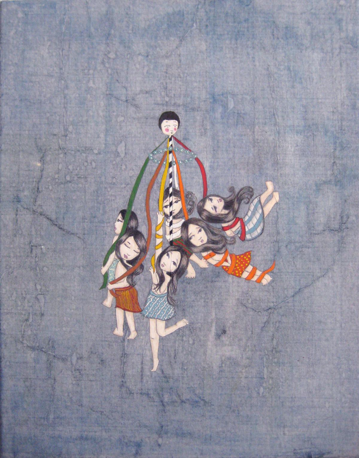 Artwork by Kyung Jeon titled Karnival Maypole, 2011, Watercolor, gouache and pencil on rice paper on canvas on wood panel, 14 x 11 inches, 35.6 x 27.9 cm
