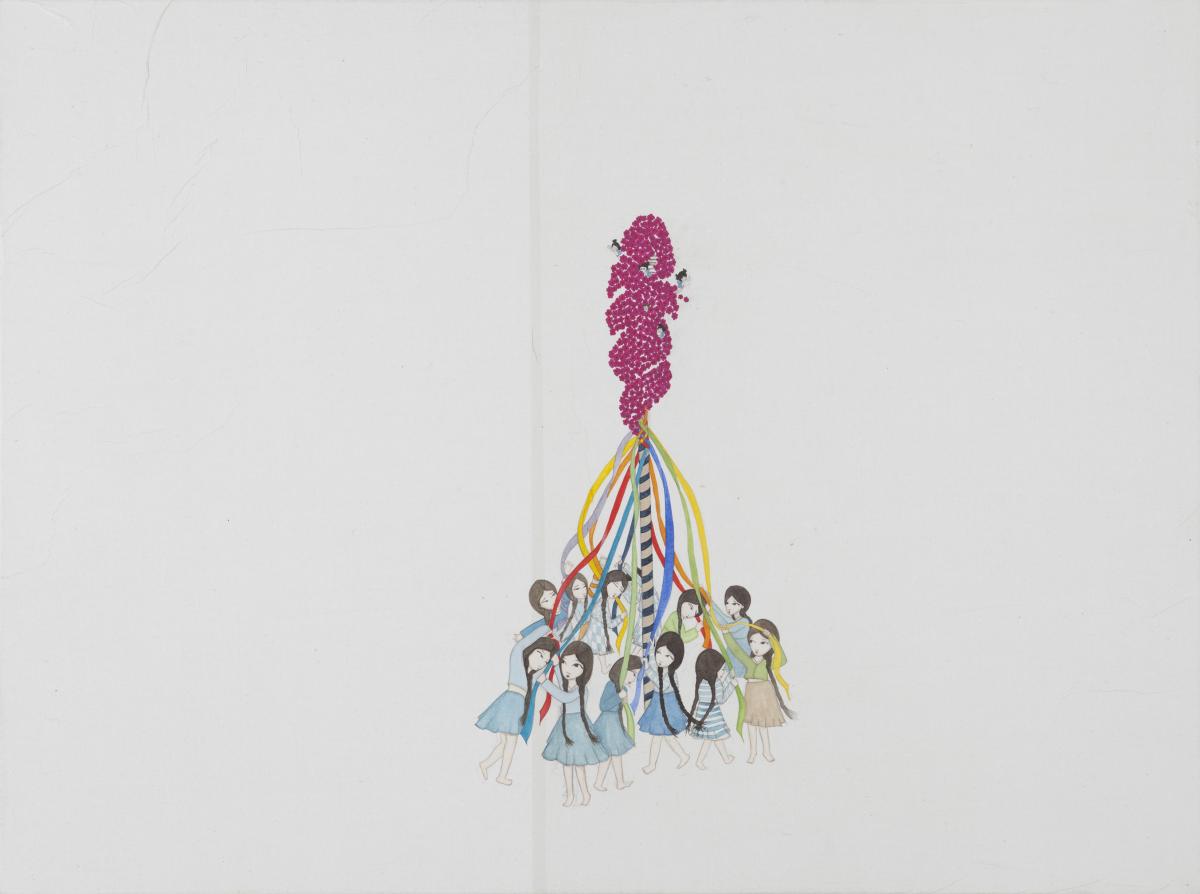 Artwork by Kyung Jeon titled Maypole Fairy Hive Disrupted, 2012, Watercolor, gouache, pencil on rice paper on canvas, 30 x 40 inches, 76.2 x 101.6 cm