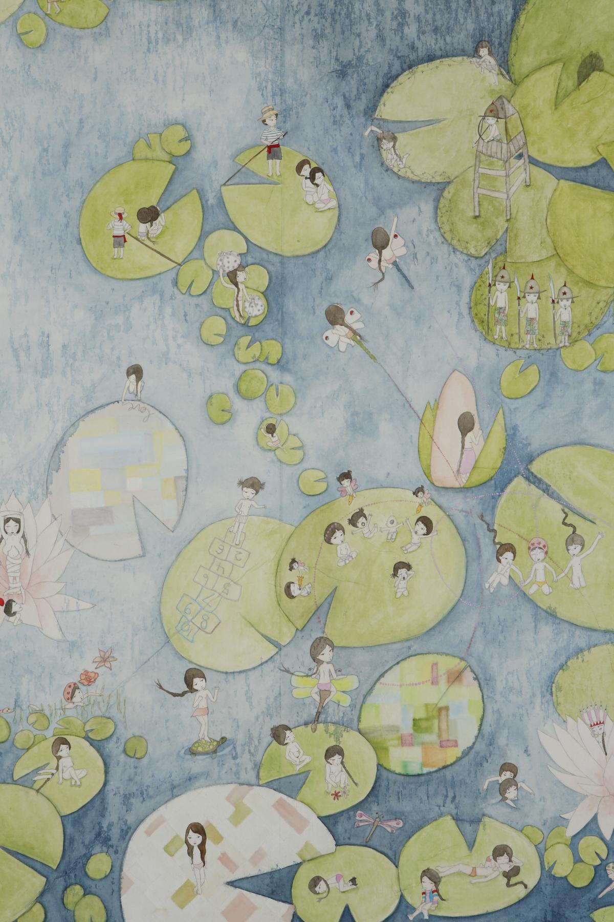 Artwork by Kyung Jeon titled Waterlilies Big Splash, 2012, Watercolor, gouache, pencil on rice paper on canvas, 59.5 x 108 inches, 151.1 x 274.3 cm