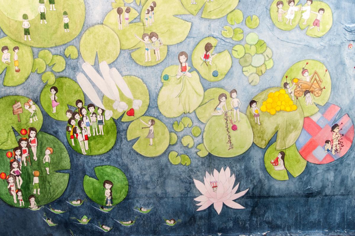 Artwork by Kyung Jeon titled Waterlilies Whirlpool, 2012, Watercolor, gouache, pencil on Hanji paper on canvas, 59 1/2 x 108 inches, 151.1 x 274.3 cm