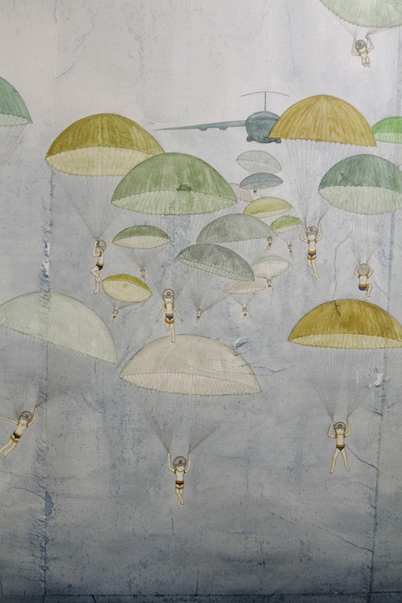 Artwork by Kyung Jeon titled Waterlilies Gliding Parachutes, 2012, Watercolor, gouache, pencil on rice paper on canvas, 59.5 x 108 inches, 151.1 x 274.3 cm