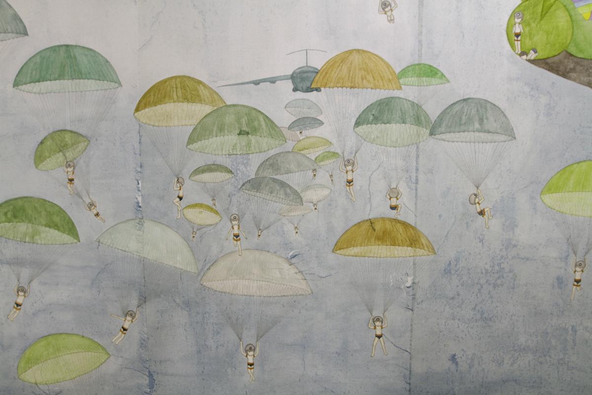 Artwork by Kyung Jeon titled Waterlilies Gliding Parachutes, 2012, Watercolor, gouache, pencil on rice paper on canvas, 59.5 x 108 inches, 151.1 x 274.3 cm