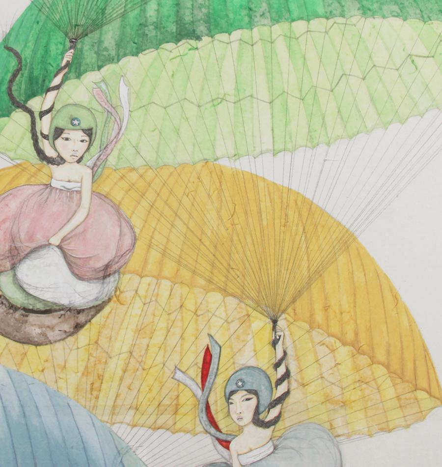 Artwork by Kyung Jeon titled Parachutes Hanboks and Helmets, 2013, Watercolor, gouache, pencil on Hanji paper/canvas, 40 x 30 inches, 101.6 x 76.2 cm