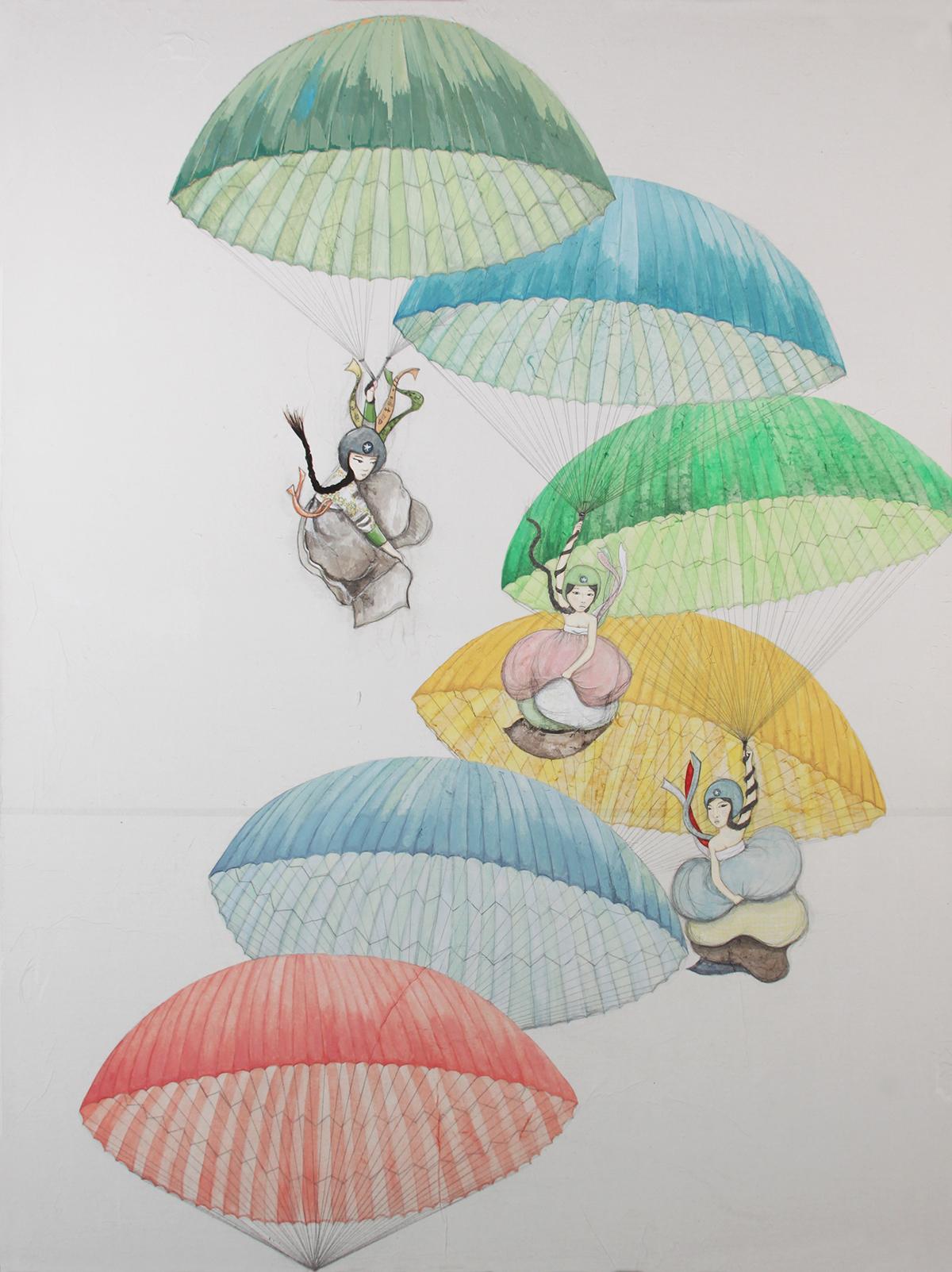 Artwork by Kyung Jeon titled Parachutes Hanboks and Helmets, 2013, Watercolor, gouache, pencil on Hanji paper/canvas, 40 x 30 inches, 101.6 x 76.2 cm