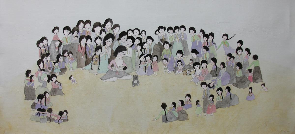 Artwork by Kyung Jeon titled Motherhood, 2015, Gouache, watercolor and pencil on rice paper on canvas