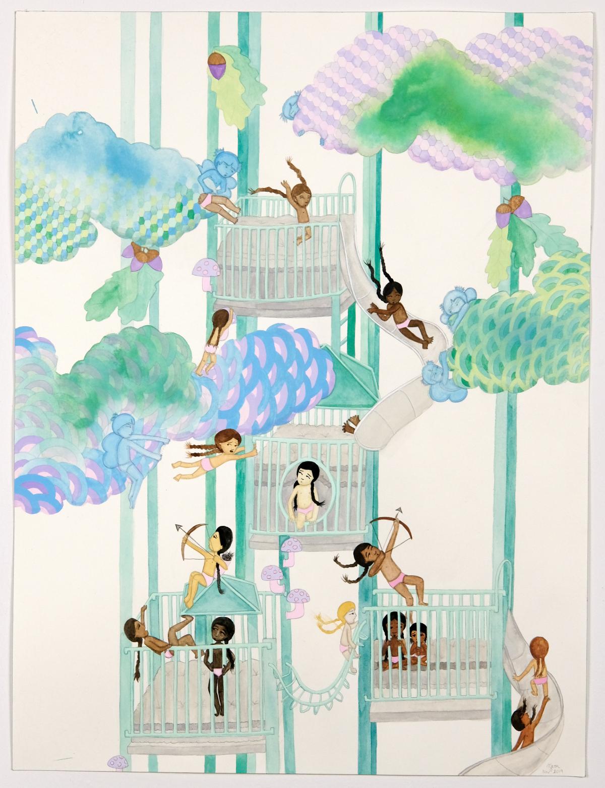Artwork by Kyung Jeon titled Treehouse Urban Jungle Gym Cribs, 2019, Gouache, watercolor, graphite on paper, 24 x 18 inches, 62 x 46 cm