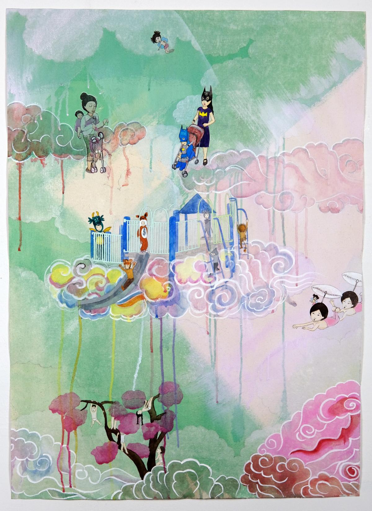 Artwork by Kyung Jeon titled Urban Jungle Gym Storm Clouds, 2019, Gouache, watercolor, graphite, acrylic on Hanji paper on canvas