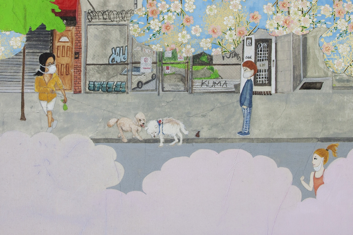 Detail of artwork by Kyung Jeon titled Coronavirus and Dog Walking, 2020, Graphite, watercolor, gouache, Japanese Shizen paper on rice paper on canvas, 18 x 24 inches