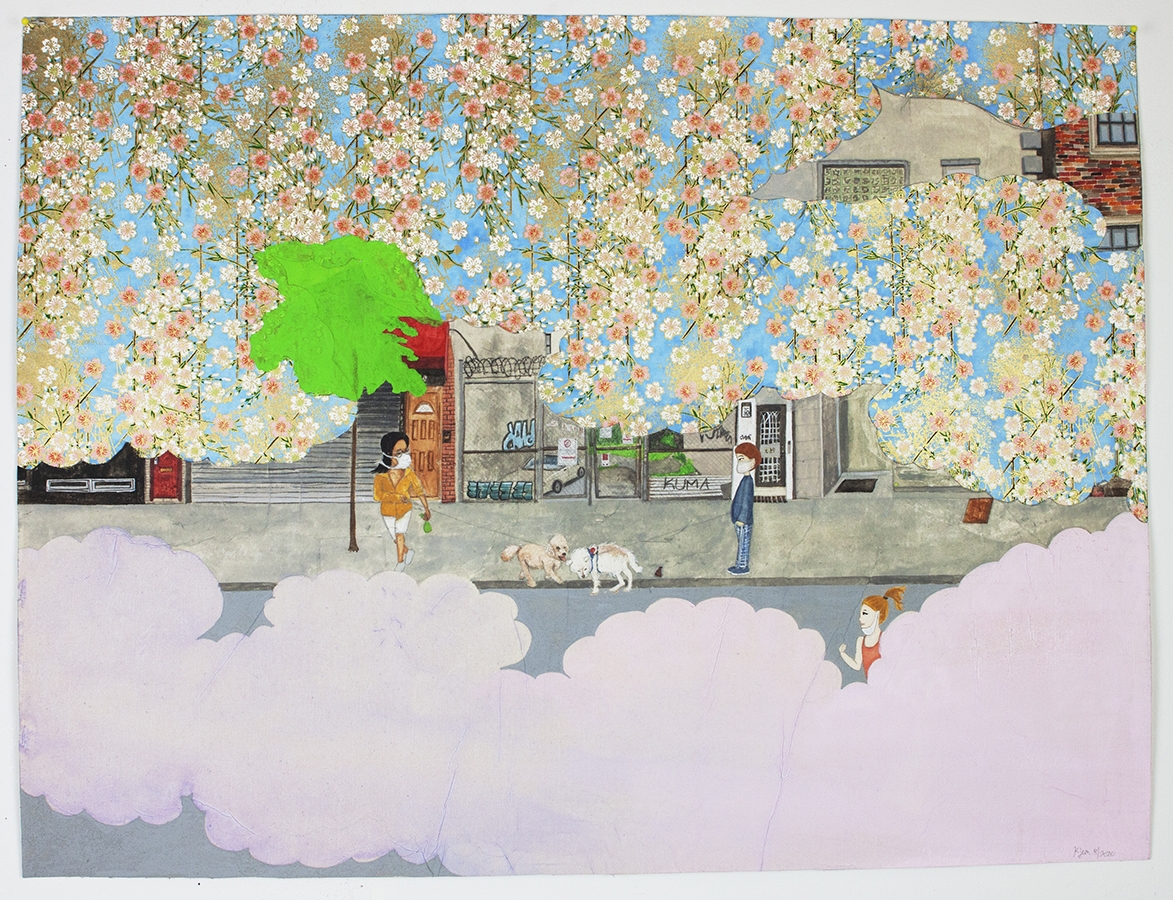 Artwork by Kyung Jeon titled Coronavirus and Dog Walking, 2020, Graphite, watercolor, gouache, Japanese Shizen paper on rice paper on canvas, 18 x 24 inches