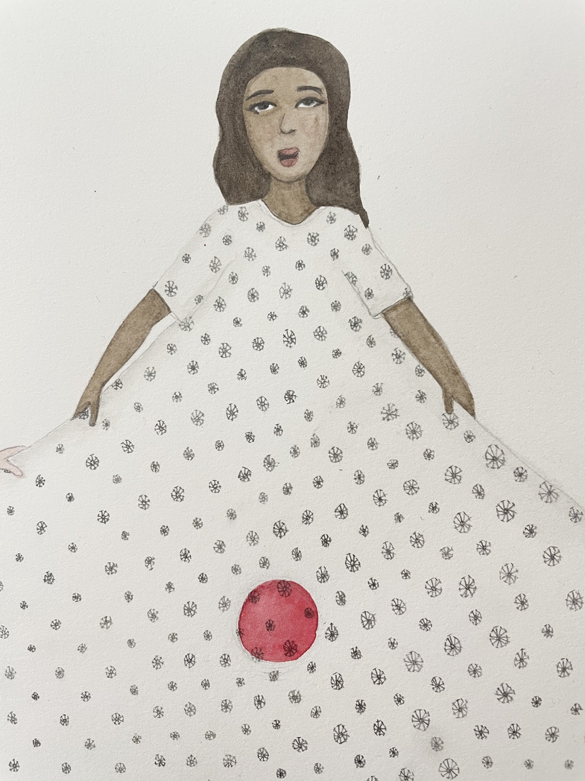 Detail of Artwork by Kyung Jeon titled Safety Net Hospital Gown, 2021, Watercolor & graphite on paper, 16 x 12 inches, 40.6 x 30.5 cm