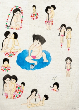 Artwork by Kyung Jeon titled Cycle of Love and Heartbreak, 2006, Gouache, graphite, watercolor on rice paper on canvas, 13 x 9.5 inches, 33 x 24.1 cm