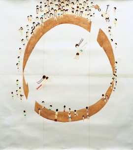 Artwork by Kyung Jeon titled Joust Fight, 2006, Gouache, graphite, watercolor on rice paper on canvas, 69 x 61.25 inches, 175.3 x 155.6 cm